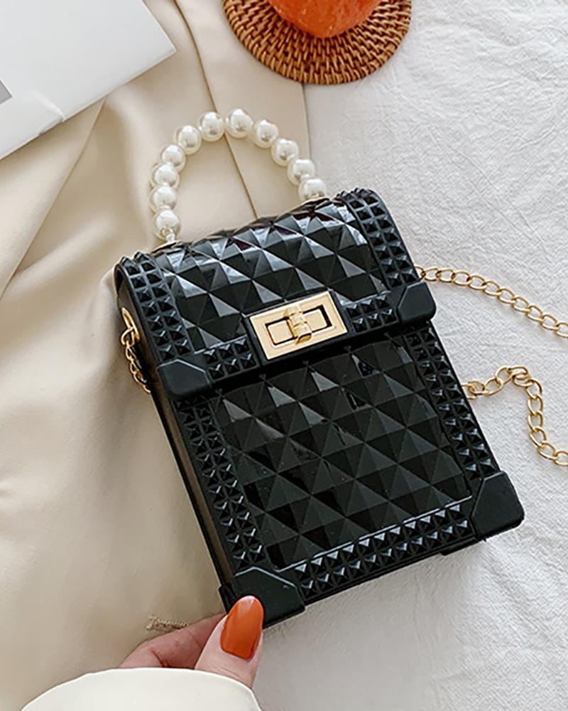 

Mini Beaded Turn Lock Crossbody Bag, Black