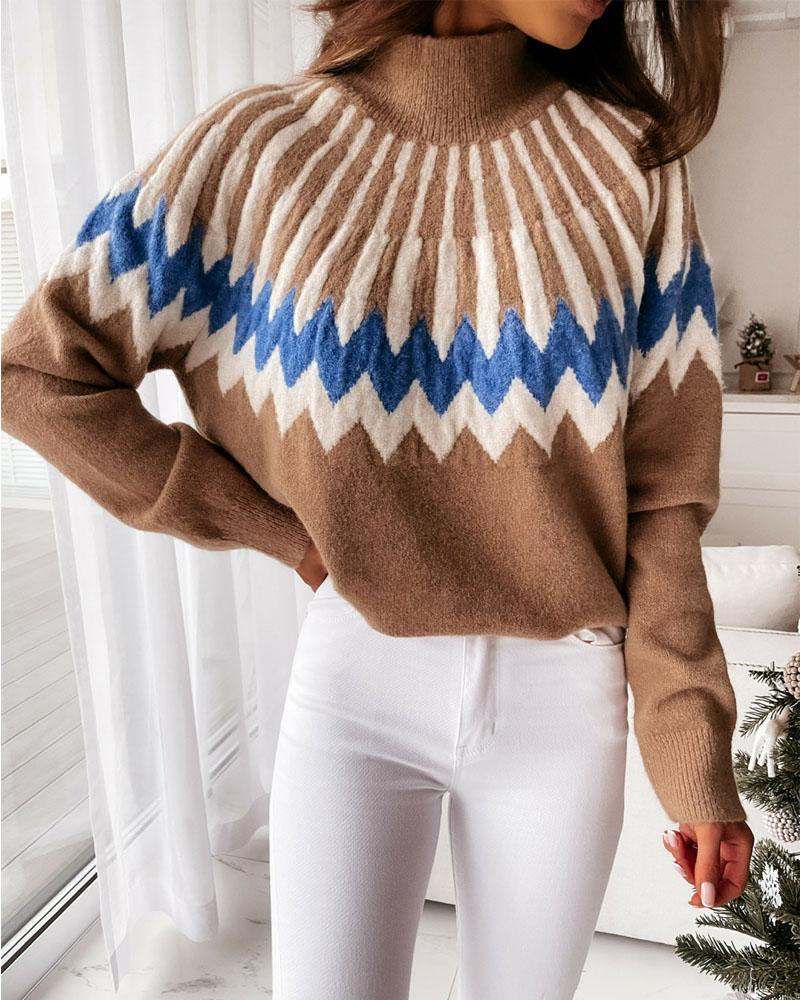 

Chevron Pattern High Neck Sweater, Khaki