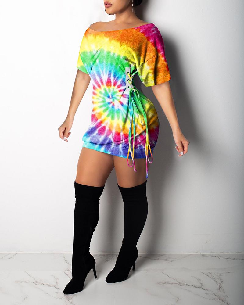 

Off Shoulder Tie Dye Print Eyelet Lace-up Mini Dress, Multicolor