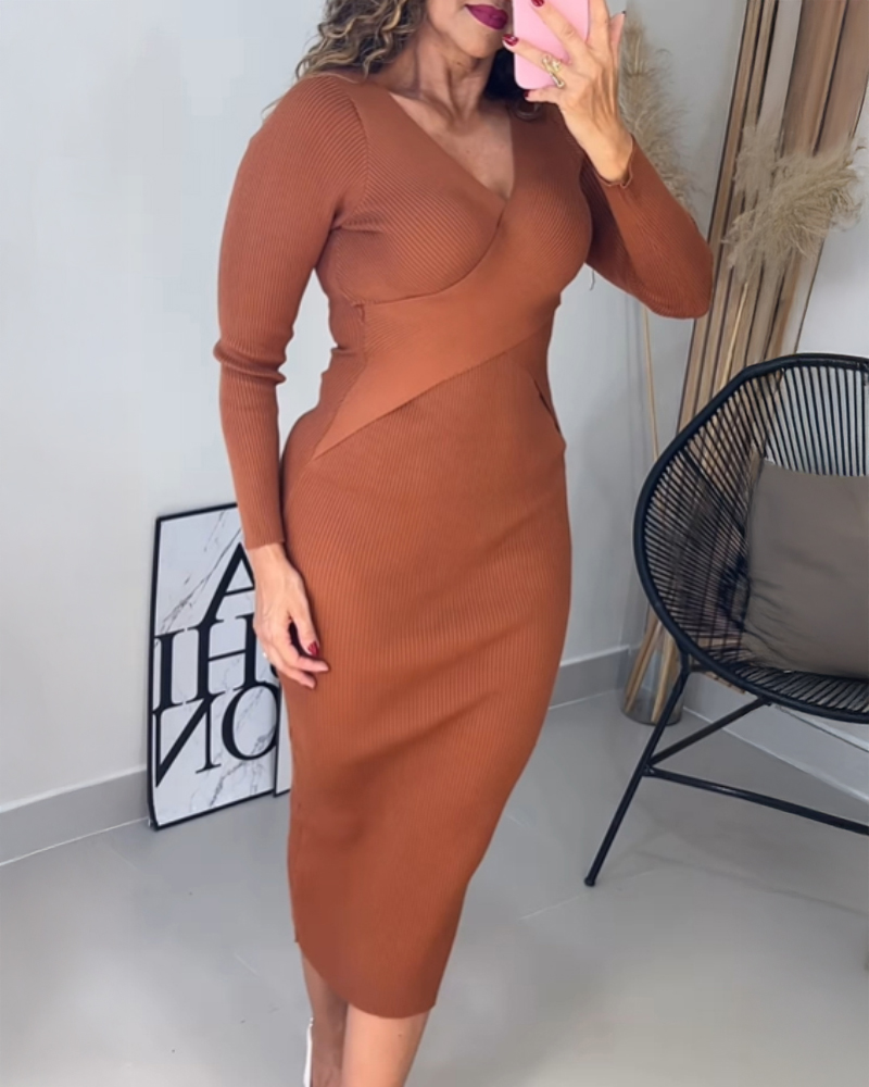 

Vestido ajustado elegante de manga larga con cuello en V, Brown