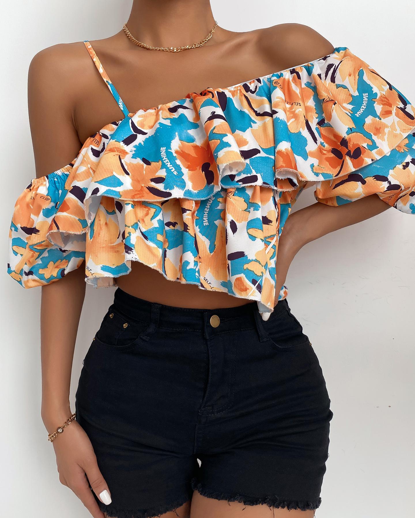 

One Shoulder Floral Print Lantern Sleeve Layered Top, Style1