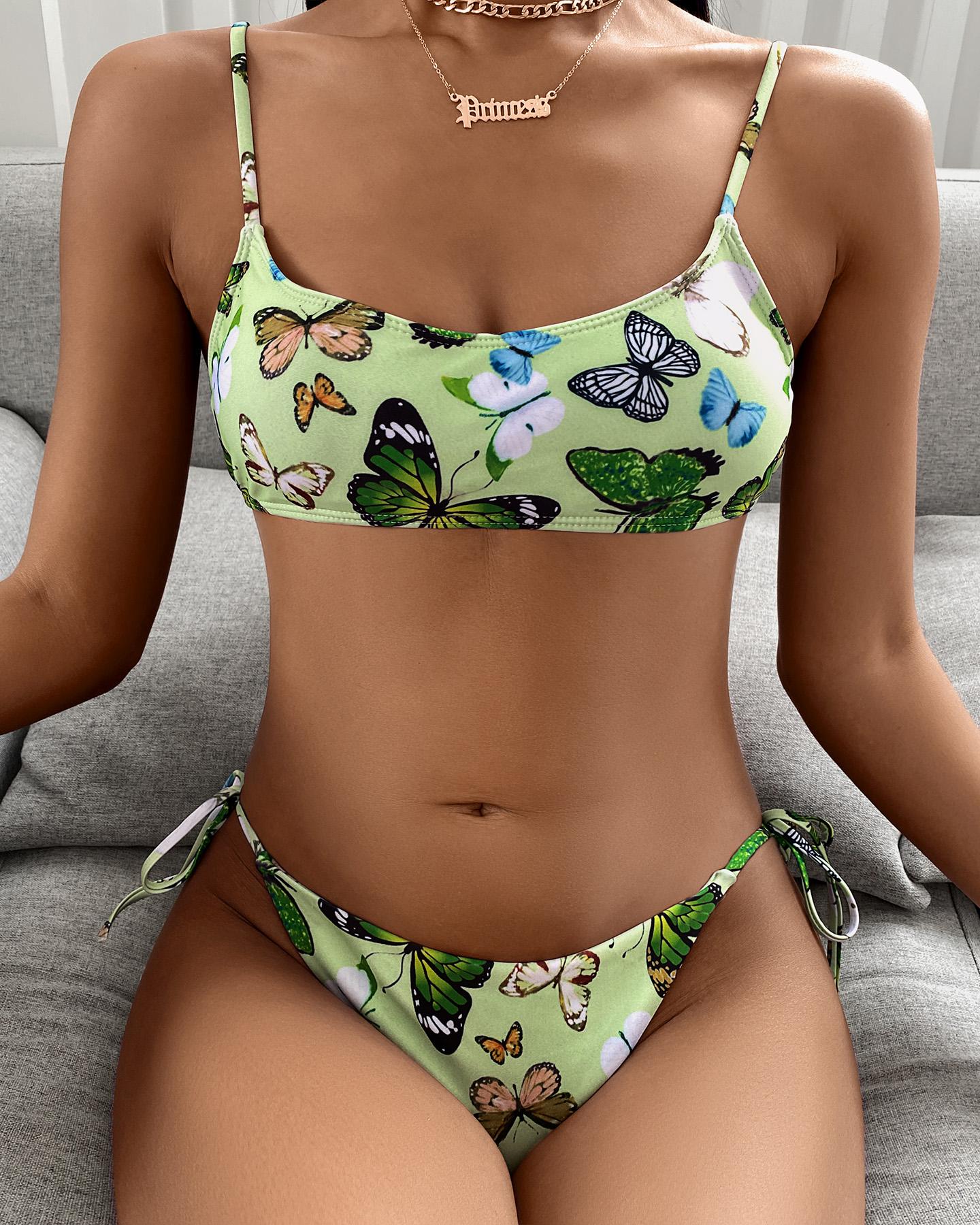 

Butterfly Print Tied Detail Bikini Set, Green