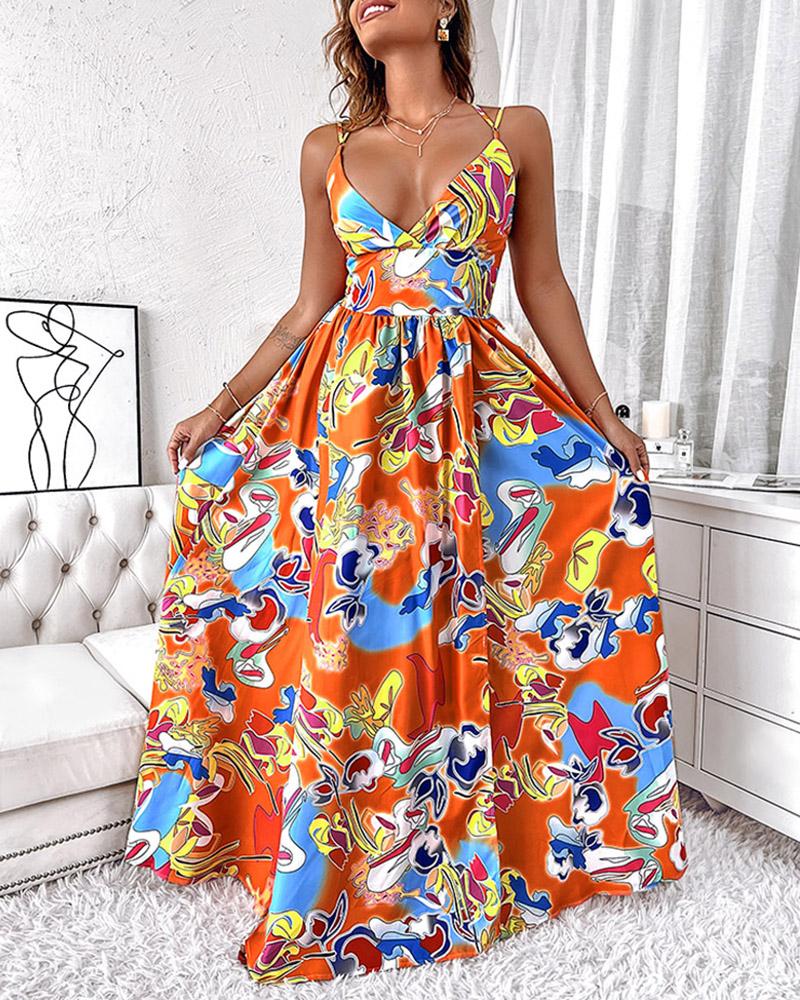

Sleeveless High Slit Allover Print Maxi Dress, Orange