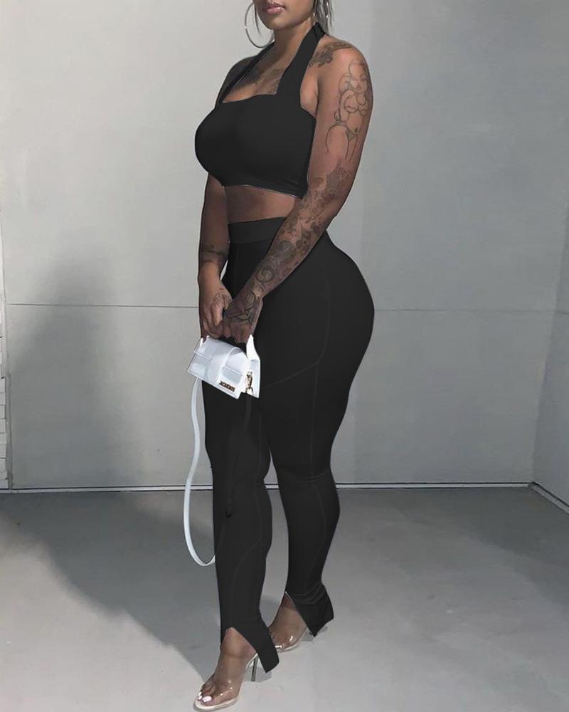 

Halter Backless Crop Top & High Waist Slit Pants Set, Black