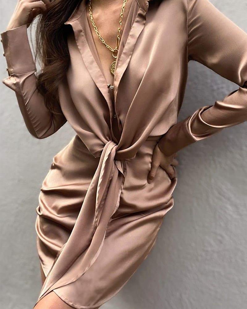 

Satin Tie Front Long Sleeve Shirt Dress, Coffee