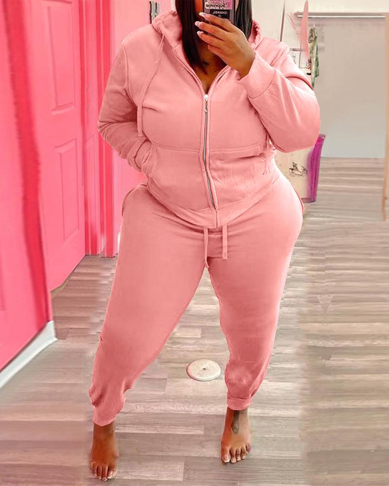 

Plus Size Zip Up Hooded Top & Drawstring Pants Set, Pink