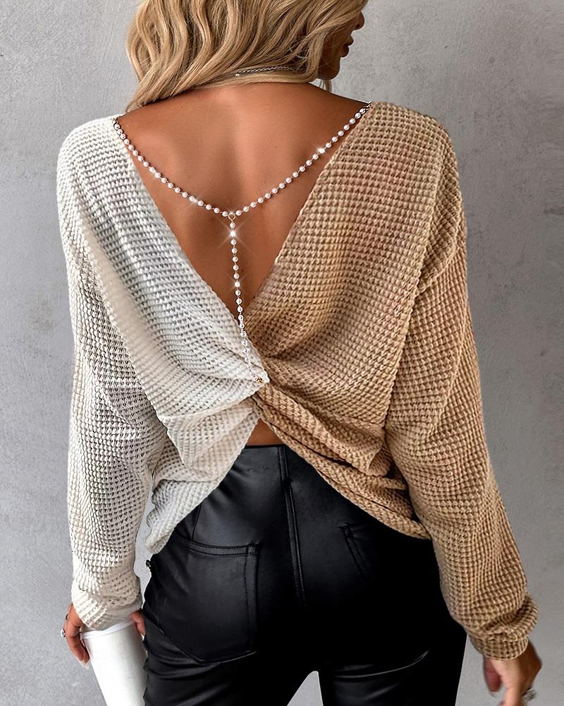 

Colorblock Backless Twisted Waffle Knit Top, Khaki