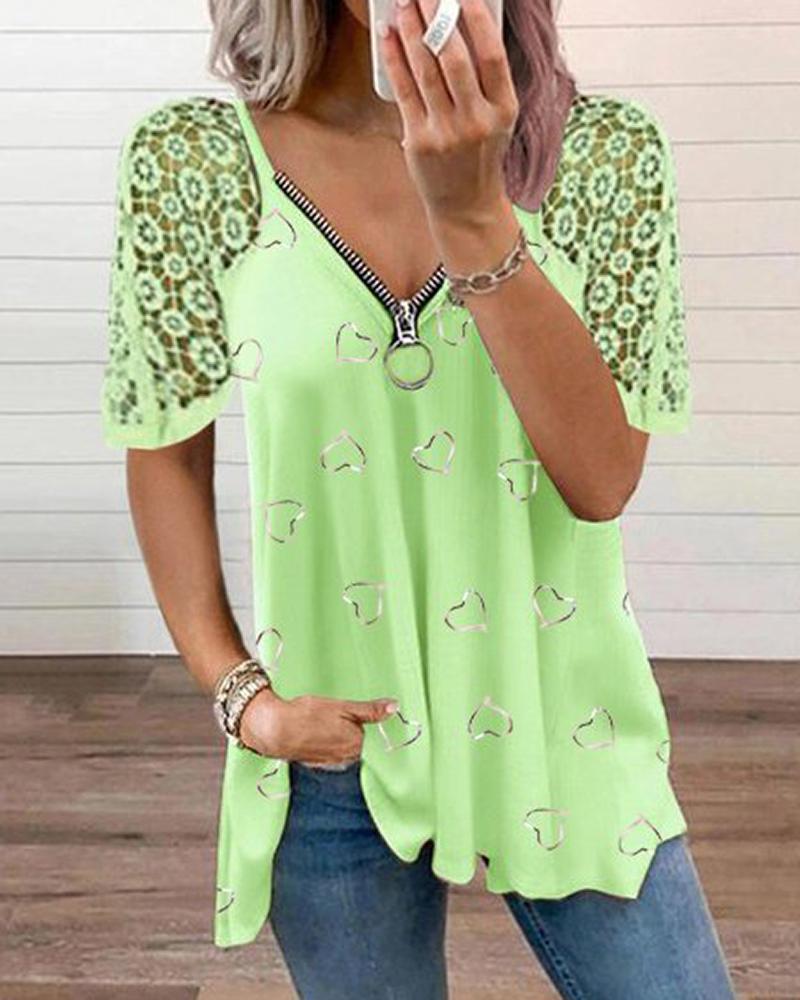 

Heart Pattern Contrast Lace Zipper Design T-shirt, Green