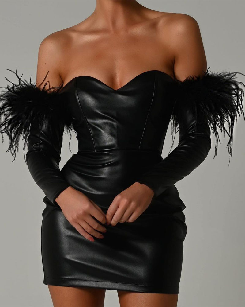 

Off Shoulder Feather Trim PU Leather Bodycon Dress, Black