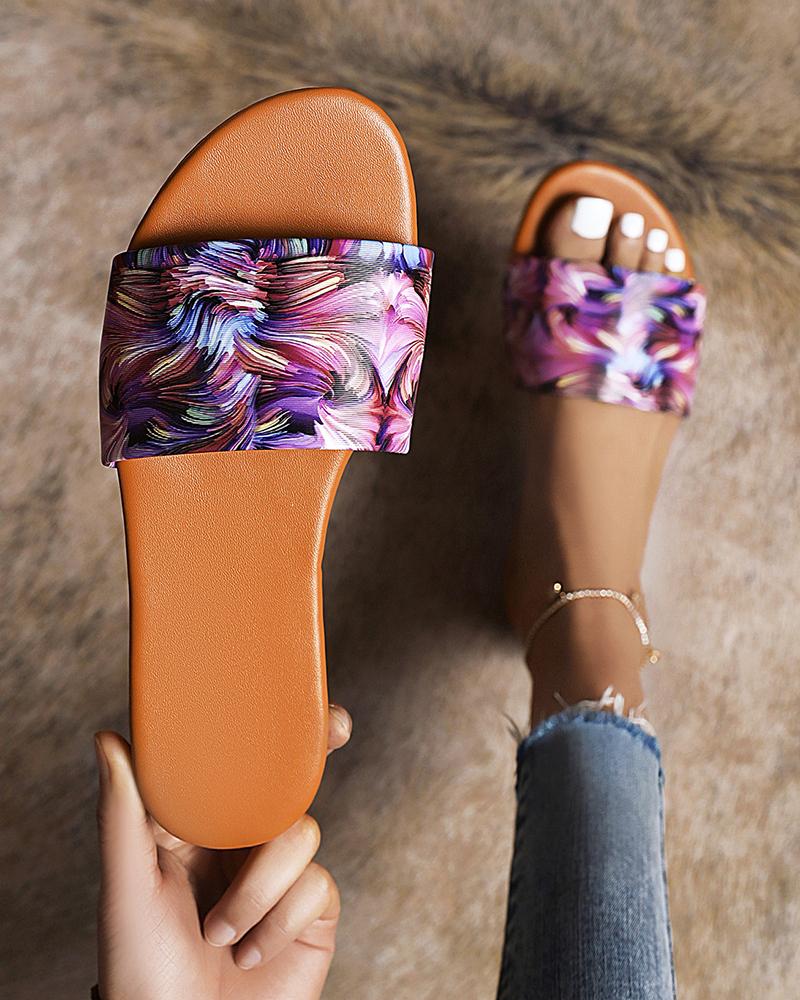 

Floral Print Round-toe Flat Sandals, Purple