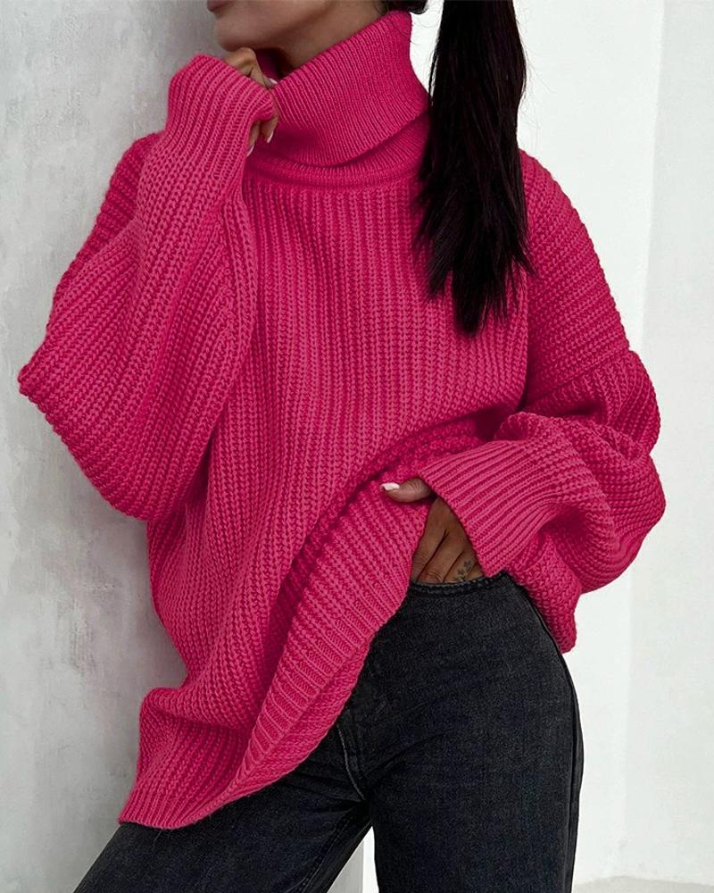

Long Sleeve Turtleneck Chunky Knit Sweater, Hot pink