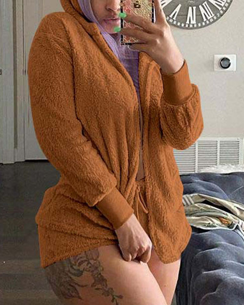 

Long Sleeve Hooded Fluffy Lounge Pajamas Set, Brown
