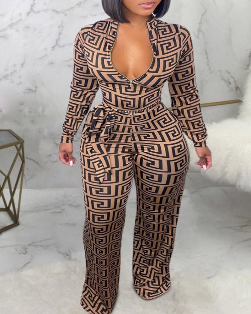 

Plus Size Geometric Print Zip Front Long Sleeve Jumpsuit, Khaki