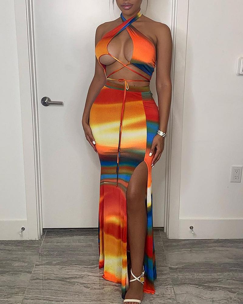 

Colorblock Halter Criss Cross Knot Front Top & Slit Skinny Skirt Set, Multicolor