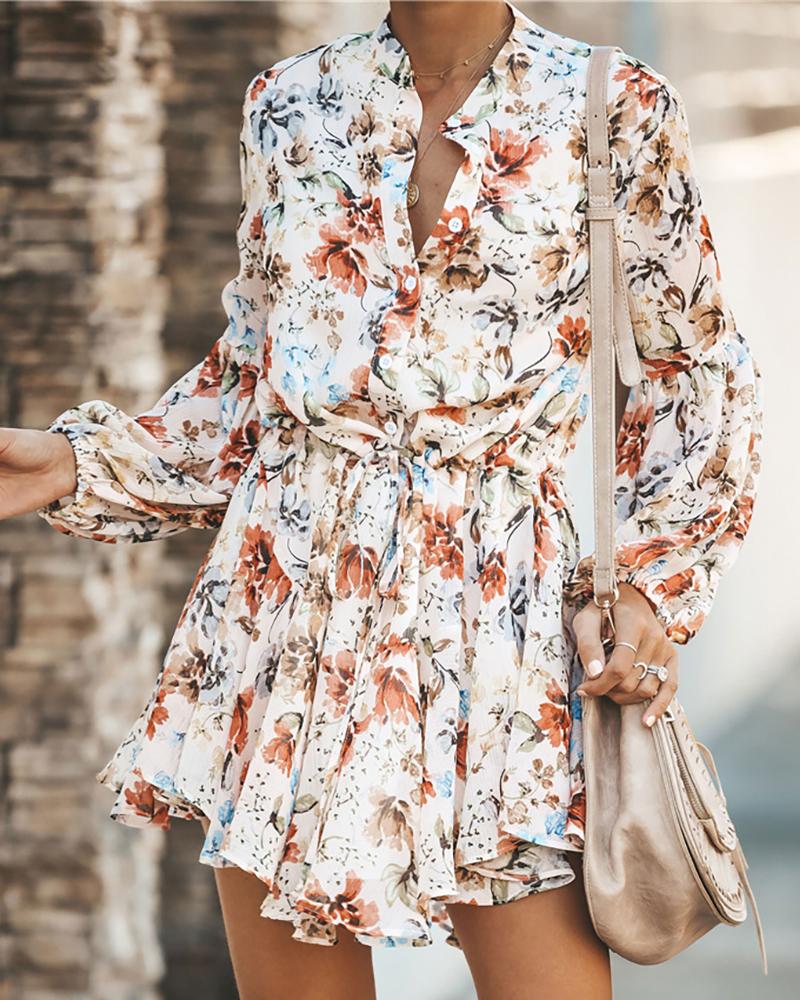 

Long Sleeve Print Casual Women Dress, White