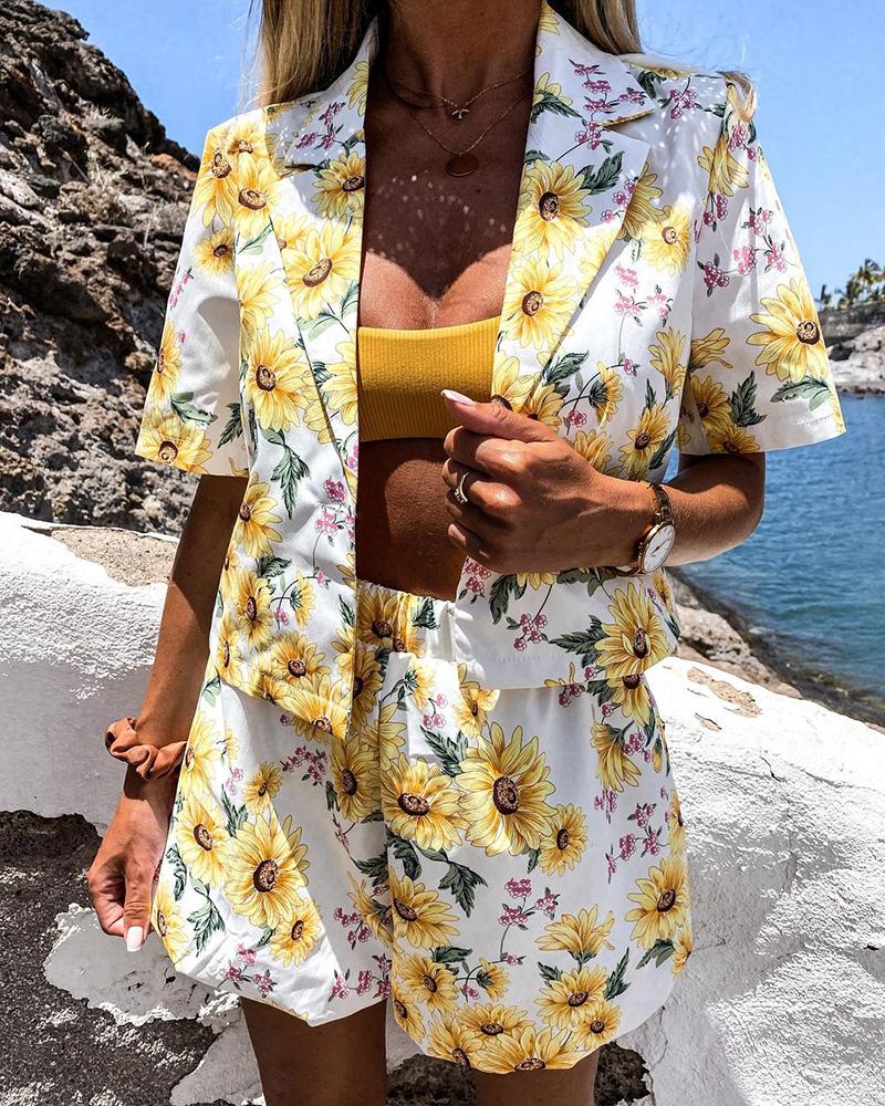 

Floral Print Blazer Top & Shorts Set, Yellow