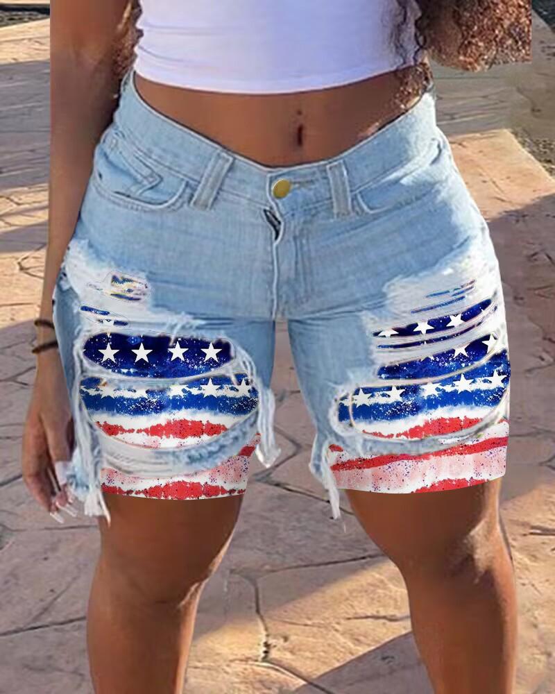 

Short jeans cintura alta com estampa de bandeira do Dia da Independência rasgado, Blue