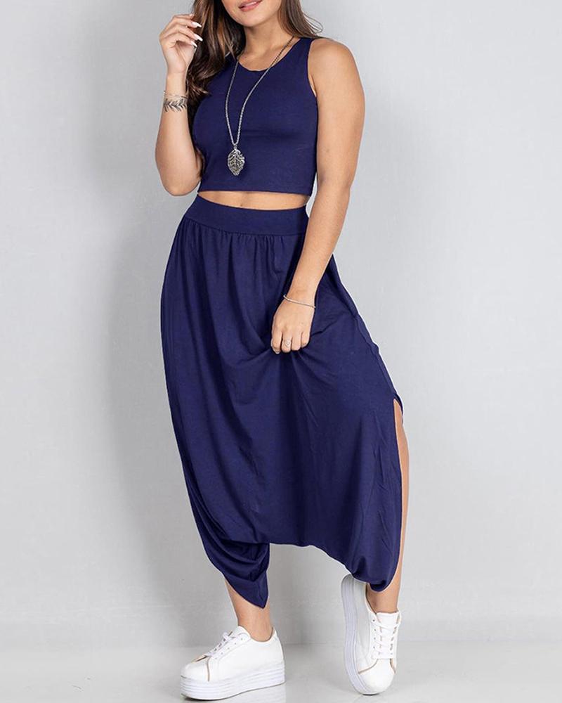 

Round Neck Crop Top & Pocket Design Harem Pants Set, Blue