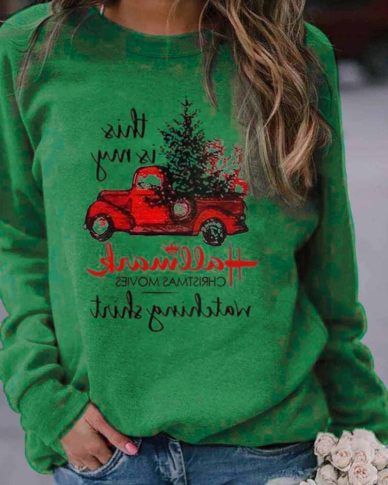 

Christmas Long Sleeve Casual Mixed Print Sweatshirt, Green