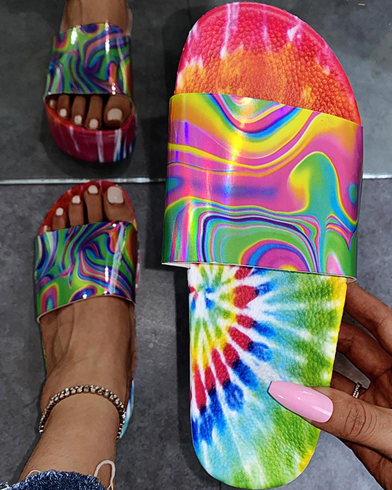 

Round-toe Tie Dye Print Platform Slippers, Green