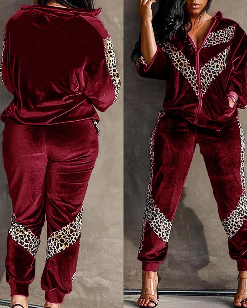 

Cheetah Print Long Sleeve Coat & High Waist Pants Set, Wine red