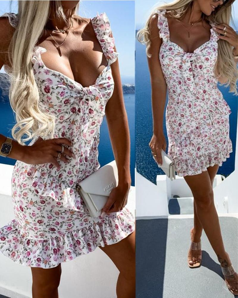 

Tied Detail Ruffle Hem Shirred Floral Print Dress, Beige