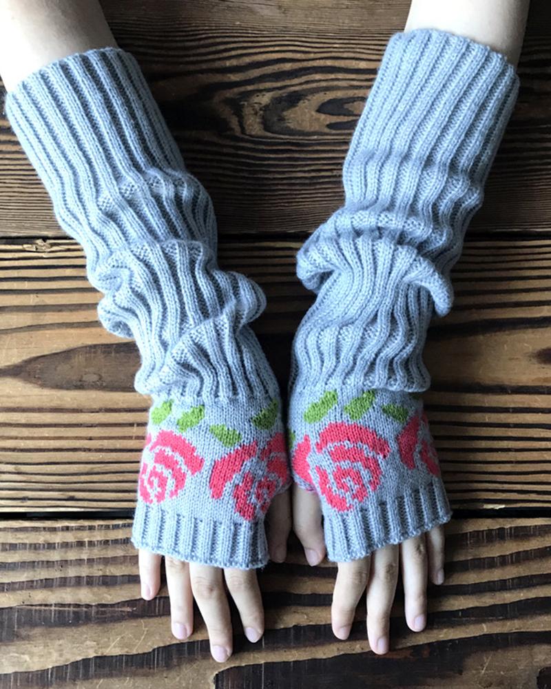 

1Pair Floral Pattern Knit Fingerless Thumbhole Arm Warmers Gloves, Light gray