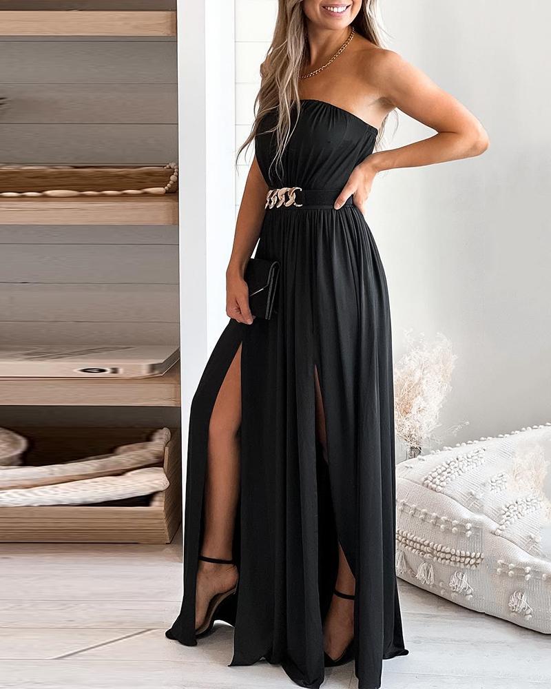 

Bandeau Chain Decor Ruched Slit Evening Dress, Black