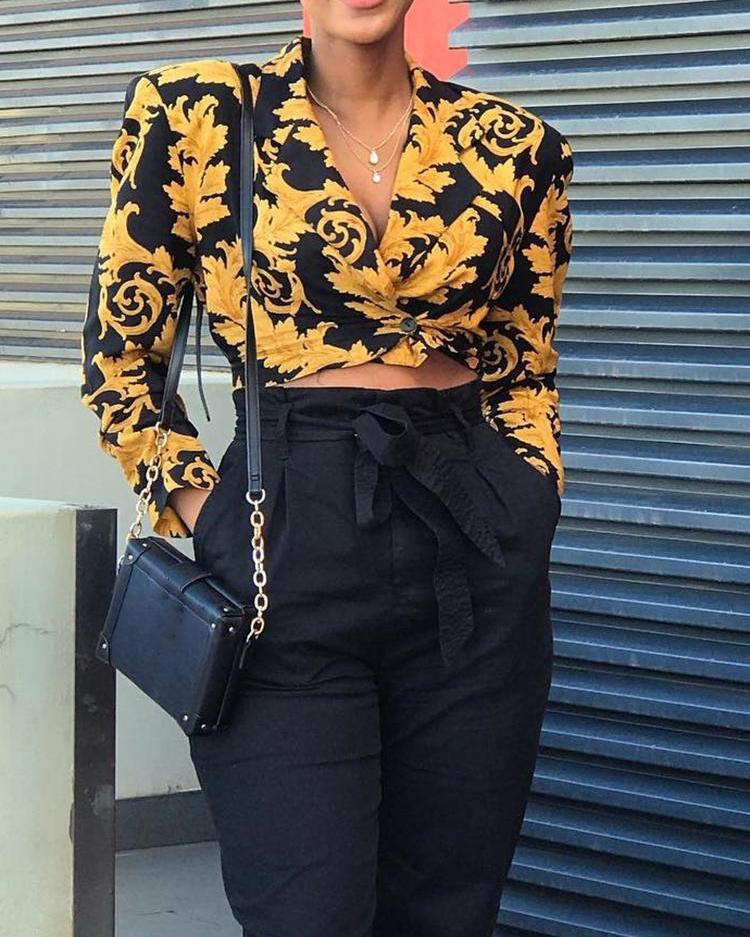 

Single Button Crop Print Blouse, Dark yellow