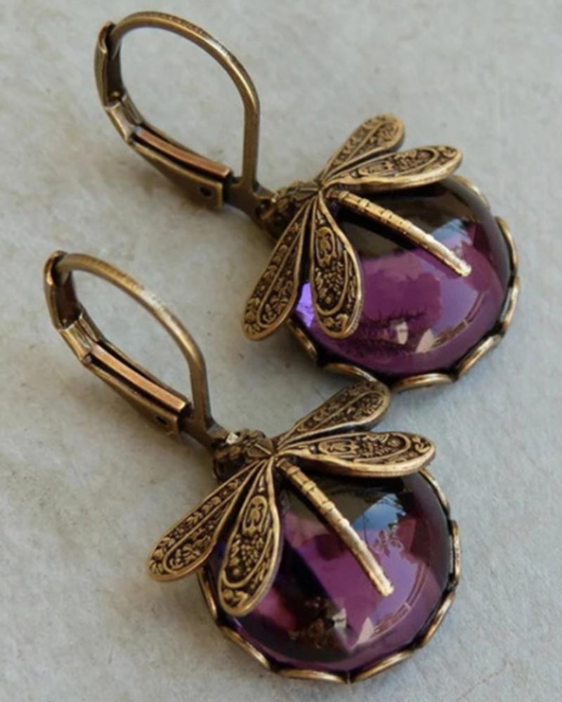 

1Pair Vintage Metal Dragonfly Earrings Inky Blue Moonstone Brass Glass Cabochon Victorian Gifts, Purple