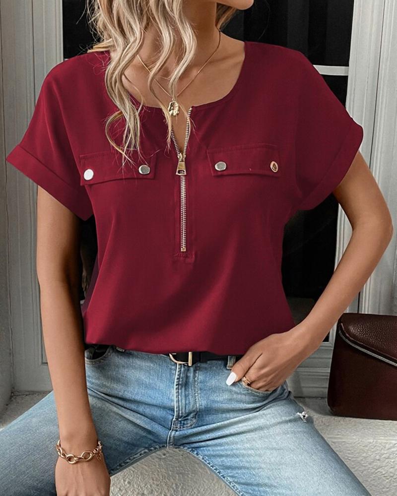 

Cap Sleeve Zipper Design Buttoned Top, Dark purple