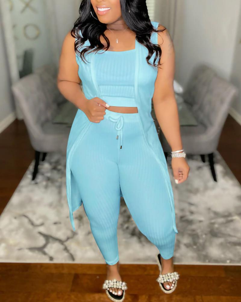

3PCS Ribbed Crop Tank Top & Pants Set With Vest Coat, Lighted blue