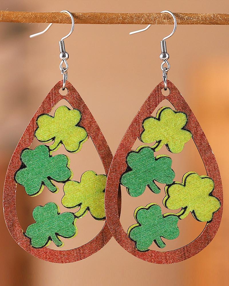 

1Pair St. Patrick's Day Lucky Clover Pattern Waterdrop Earrings, Green