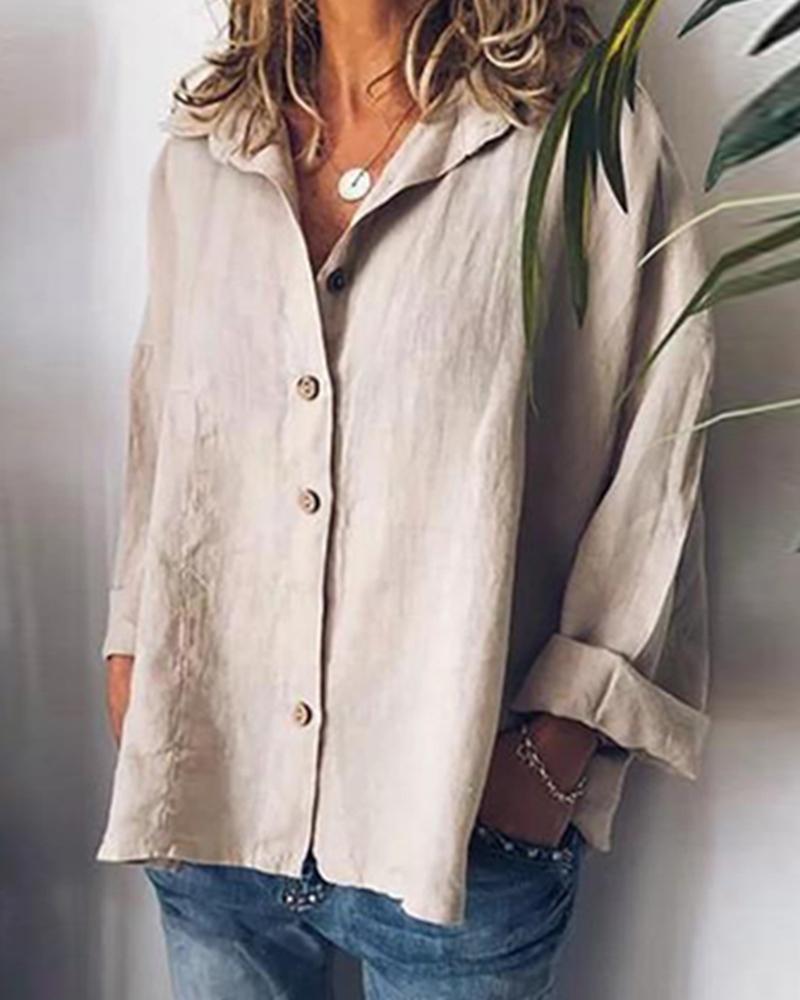 

Cotton and Linen Bat Sleeves Solid Color Casual Shirt, Khaki