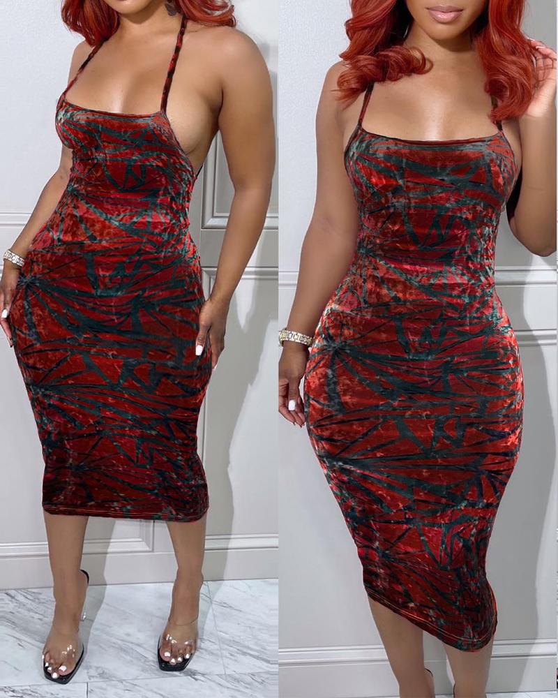 

Geometric Pattern Flocked Bodycon Dress, Red