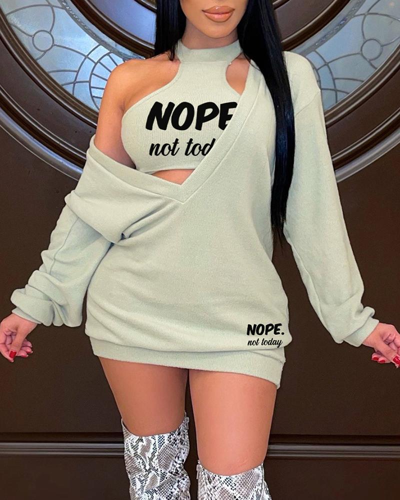 

Letter Print Tank & Long Sleeve Dress Set, Light gray