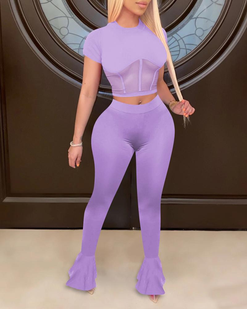 

Mesh Top & Bell Bottom Pants Set, Purple
