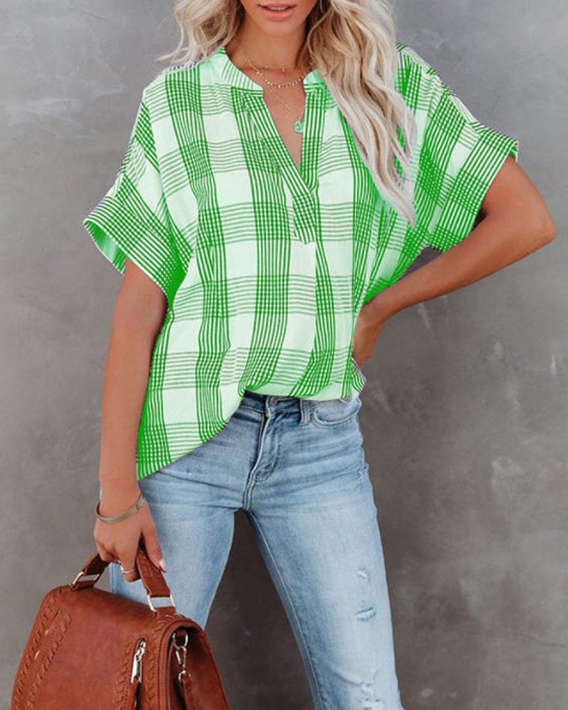 

Plaid Print V-Cut Short Sleeve Chiffon Top, Green