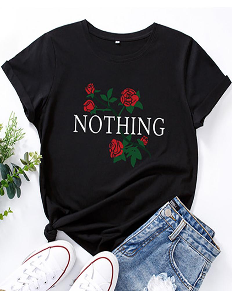 

Letter Floral Print Short Sleeve Casual T-shirt, Black