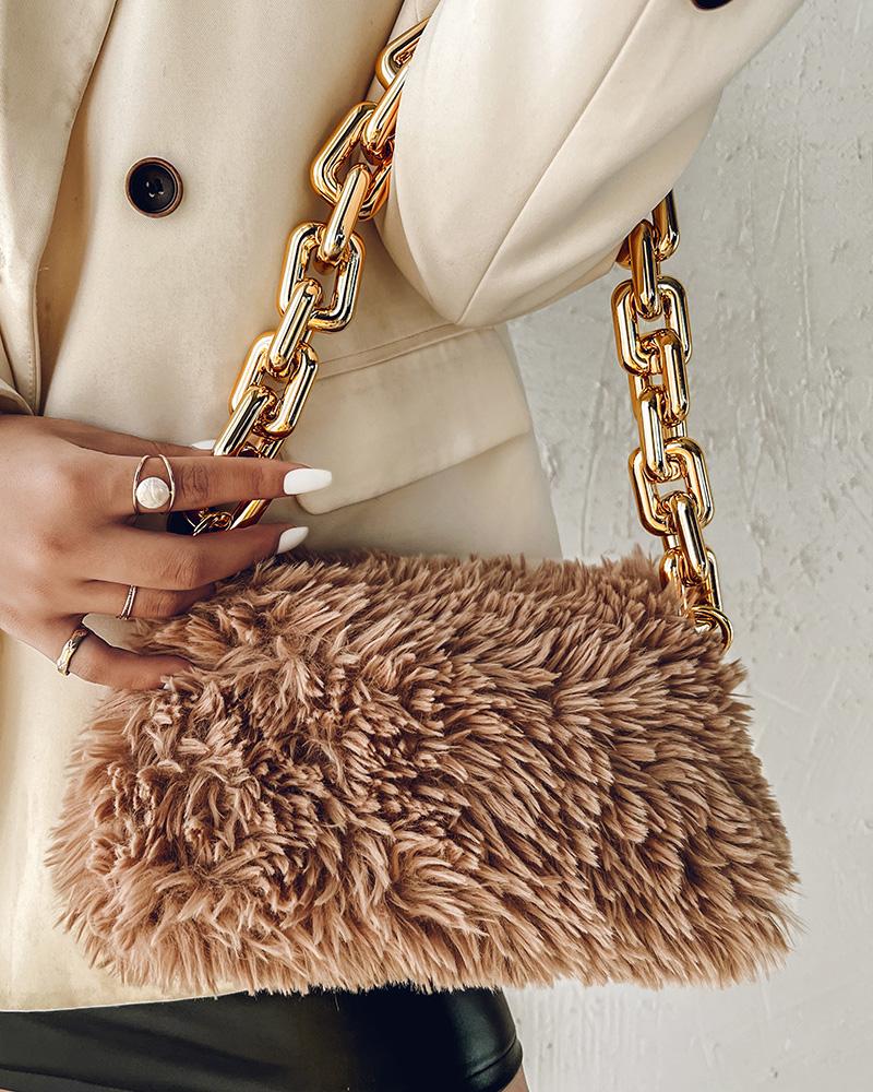 

Fuzzy Chain Strap Shoulder Bag, Khaki