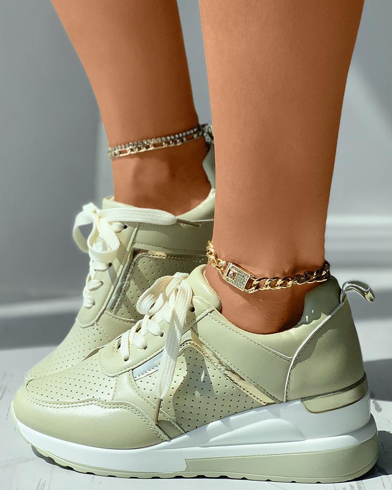 

Hollow Out Breathable Lace-up Wedge Sneaker, Khaki