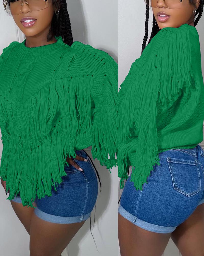 

Long Sleeve Tassel Trim Cable Knit Sweater, Green