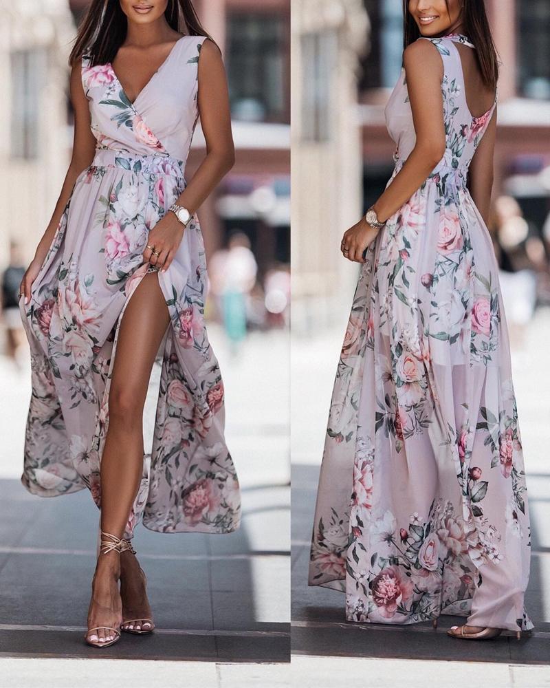 

Floral Print High Slit Wrap Maxi Dress, Purple