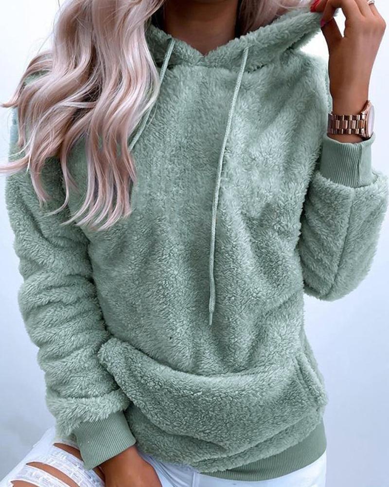 

Long Sleeve Pocket Design Fluffy Drawstring Hoodie, Gray