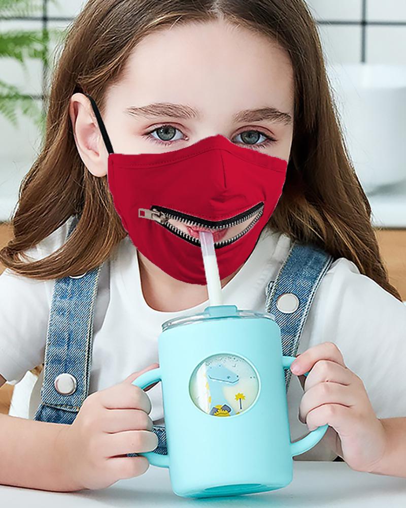 

Zipper Design Solid Breathable Mouth Mask For Kids, Red