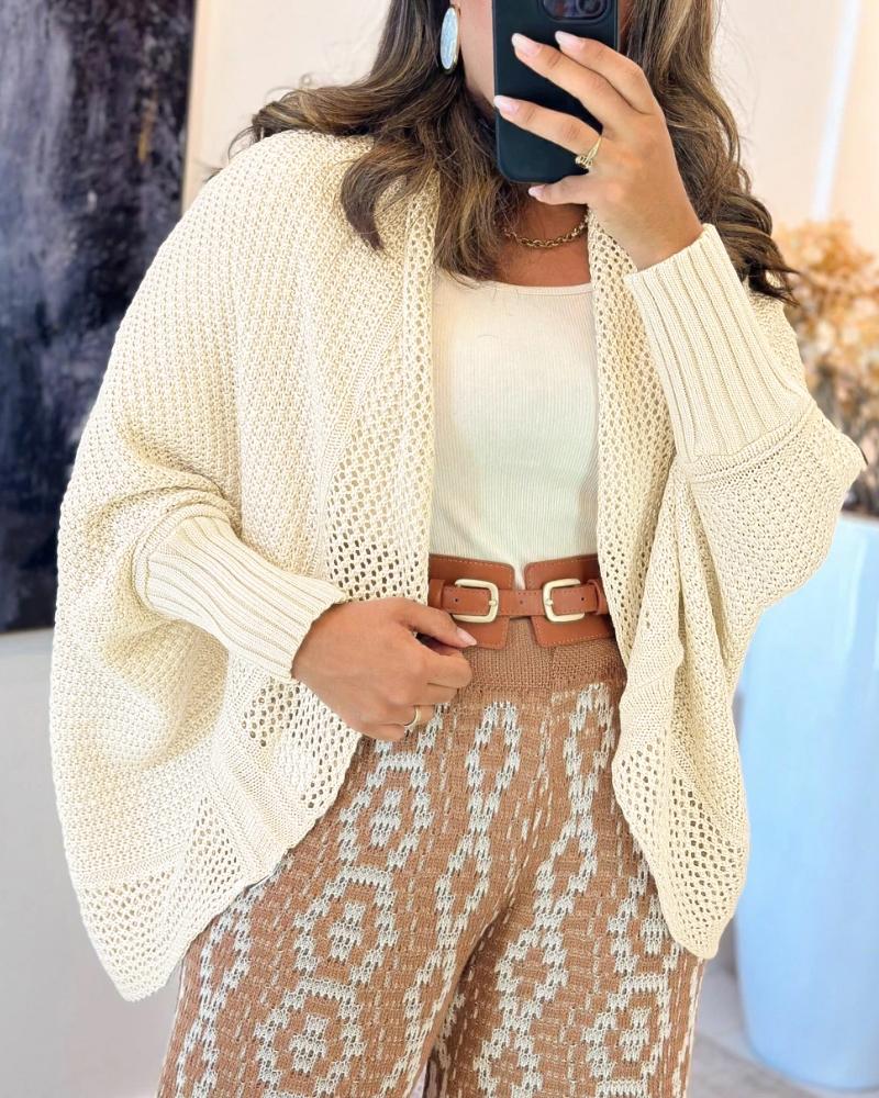 

Cardigan casual com frente aberta e manga morcego vazada, Apricot