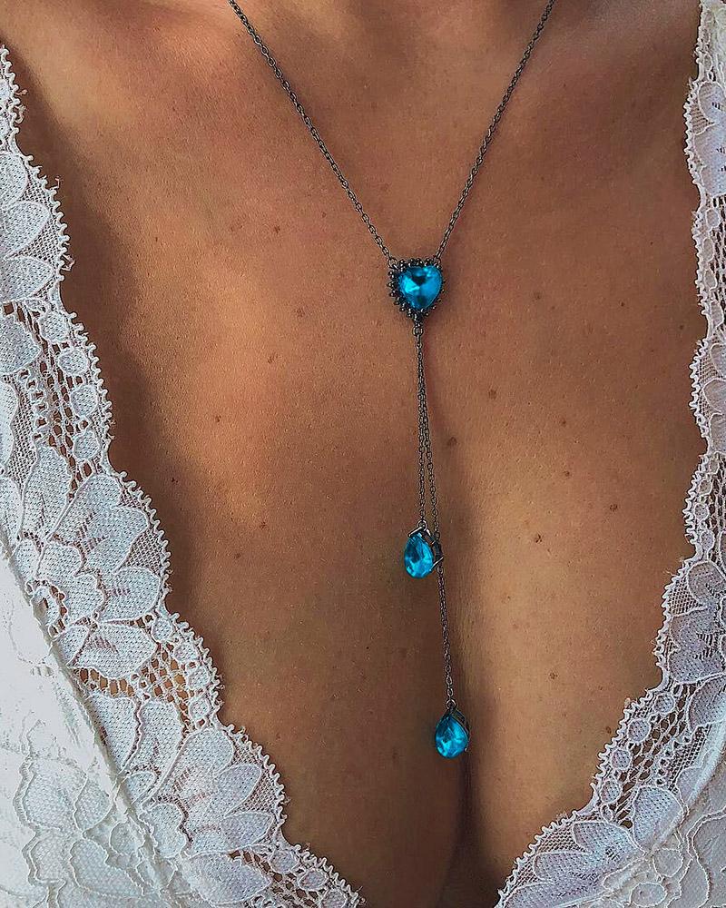 

Water Drop Heart Pendant Rhinestone Necklace, Blue