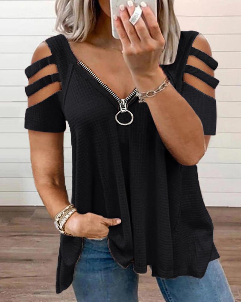 

Plus Size Cutout Zipper Design Cold Shoulder T-Shirt, Black