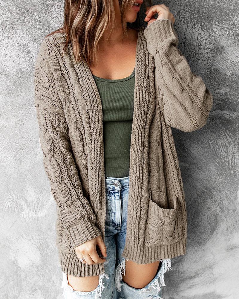 

Pocket Design Long Sleeve Braided Knit Cardigan, Khaki