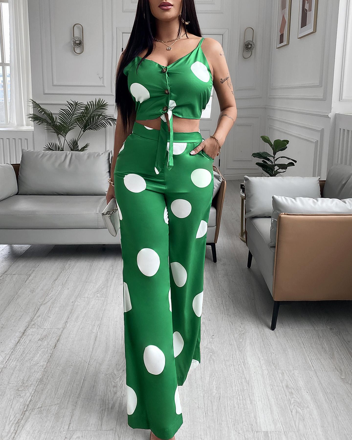 

Spaghetti Strap Dot Print Tops & Pant Sets, Green